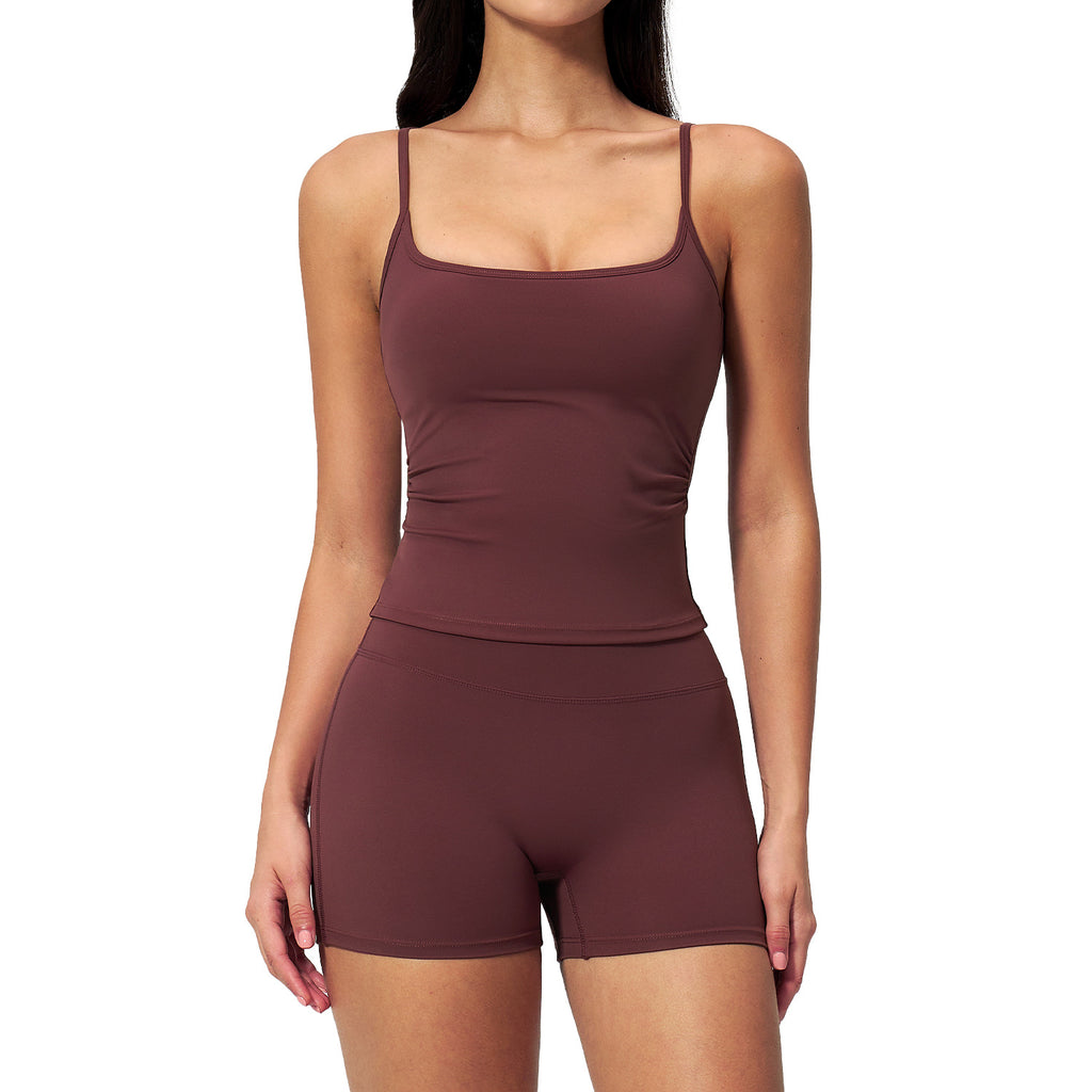 Women’s Naked Feeling 2-Piece Workout Set – Square Neck Built-in Bra Tank Top & High Waist Butt Lifting Biker Shorts Seamless Gym Yoga Outfit for Pilates Running & Casual Wear