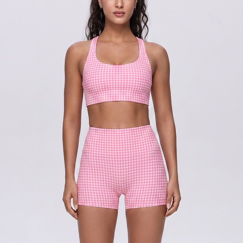 Women Short Sleeve Color Block Yoga Set Two Tone Crop Tee And High Waist Biker Shorts 2 Piece Workout Activewear Set