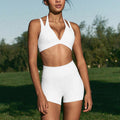 Women Short Sleeve Scoop Neck Yoga Set Seamless Thumb Hole Fitted Tee With High Waist Compression Shorts 2 Piece Bulk
