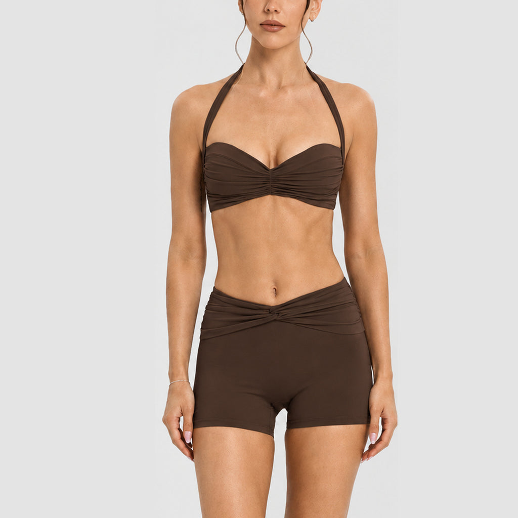 Women Short Sleeve V Waist Yoga Set Seamless Crop Tee With High Waist Crossover Biker Shorts 2 Piece Wholesale OEM