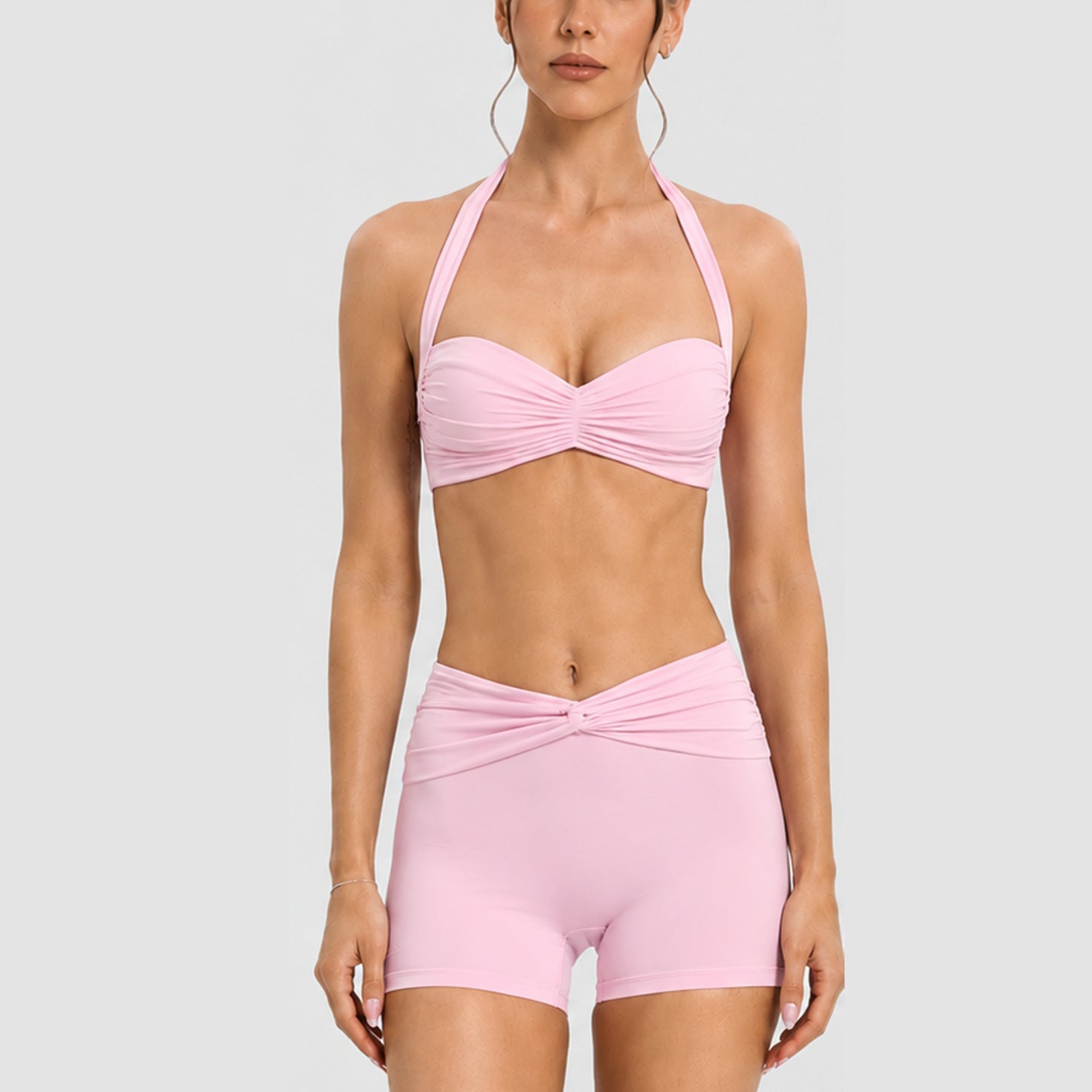 Women Short Sleeve V Waist Yoga Set Seamless Crop Tee With High Waist Crossover Biker Shorts 2 Piece Wholesale OEM