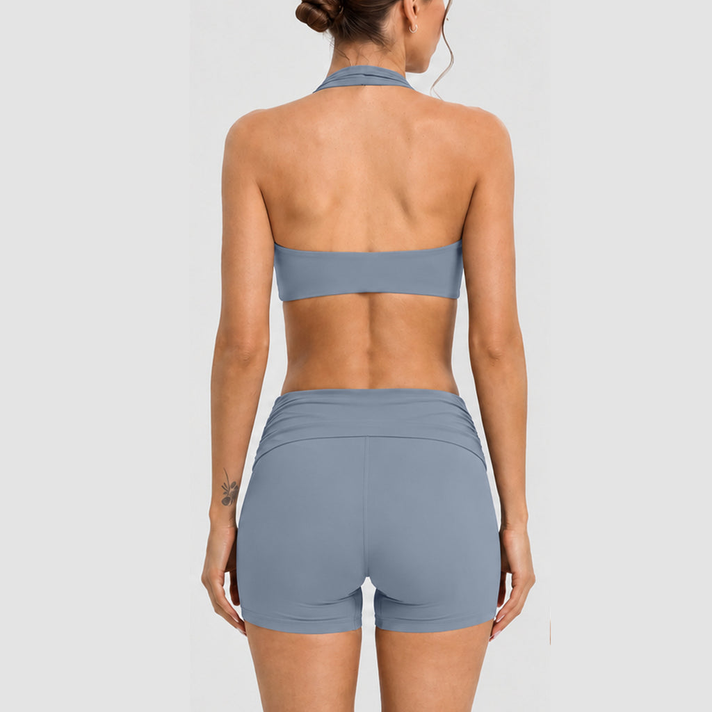Women Short Sleeve V Waist Yoga Set Seamless Crop Tee With High Waist Crossover Biker Shorts 2 Piece Wholesale OEM