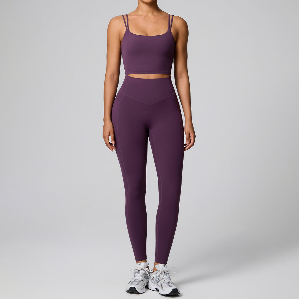 Women Twisted Back Tank Yoga Set Seamless Cut Out Sleeveless Top And High Waist Booty Lift Leggings 2 Piece Custom