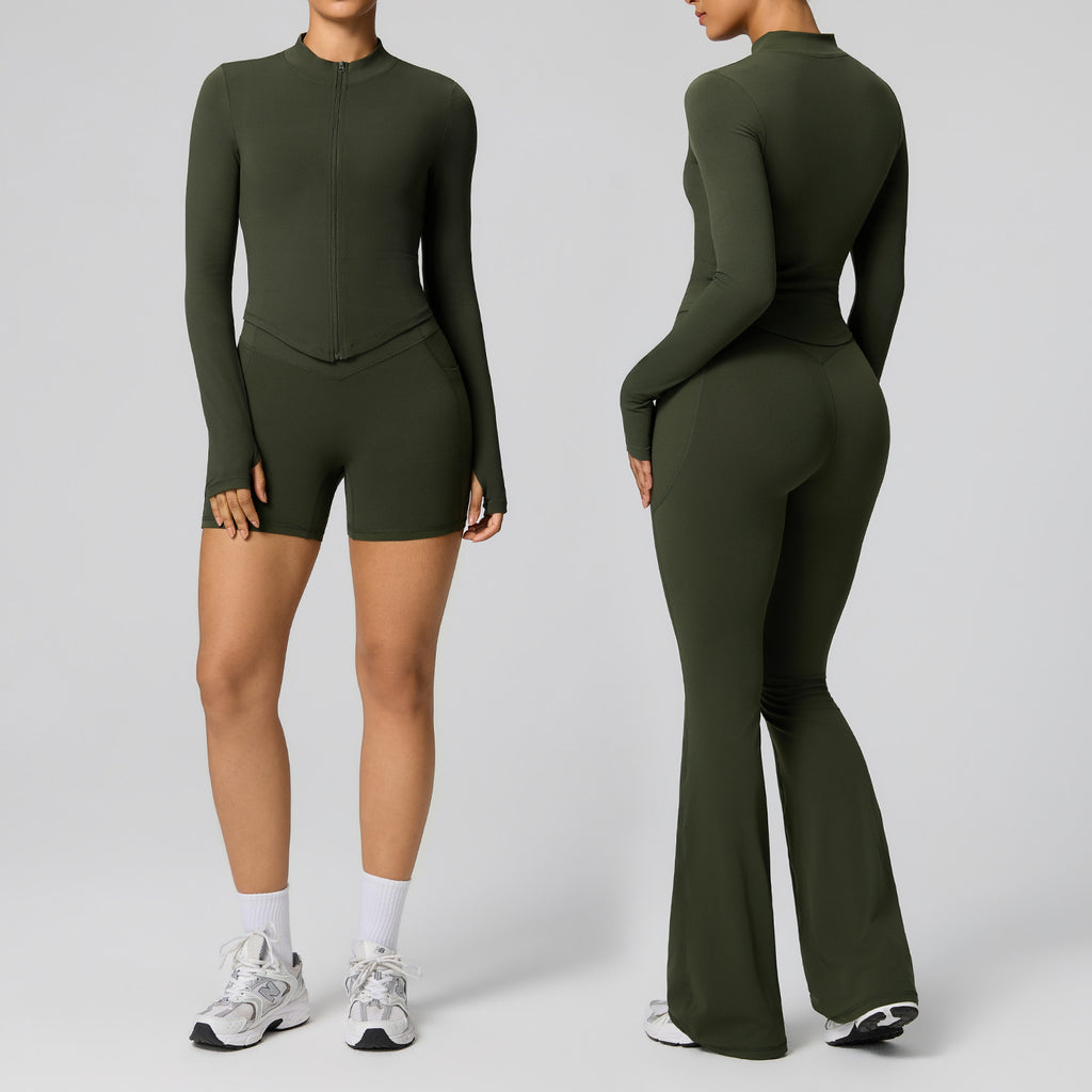 Women Short Sleeve Zip Yoga Set Half Zip Ribbed Crop Tee And High Waist Biker Shorts 2 Piece Workout Activewear OEM