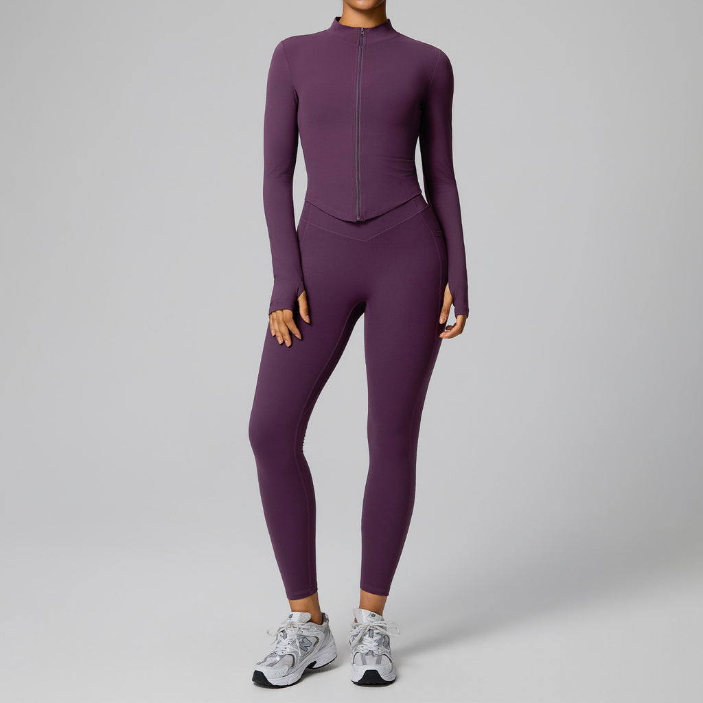 Women Short Sleeve Zip Yoga Set Half Zip Ribbed Crop Tee And High Waist Biker Shorts 2 Piece Workout Activewear OEM