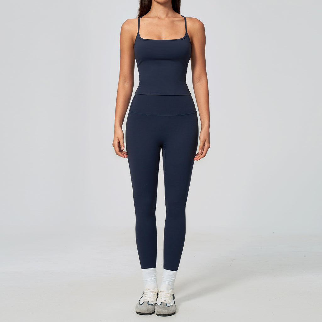 Women Spaghetti Strap Yoga Set Seamless Sleeveless Crop Top High Waist Leggings 2 Piece Workout Wholesale