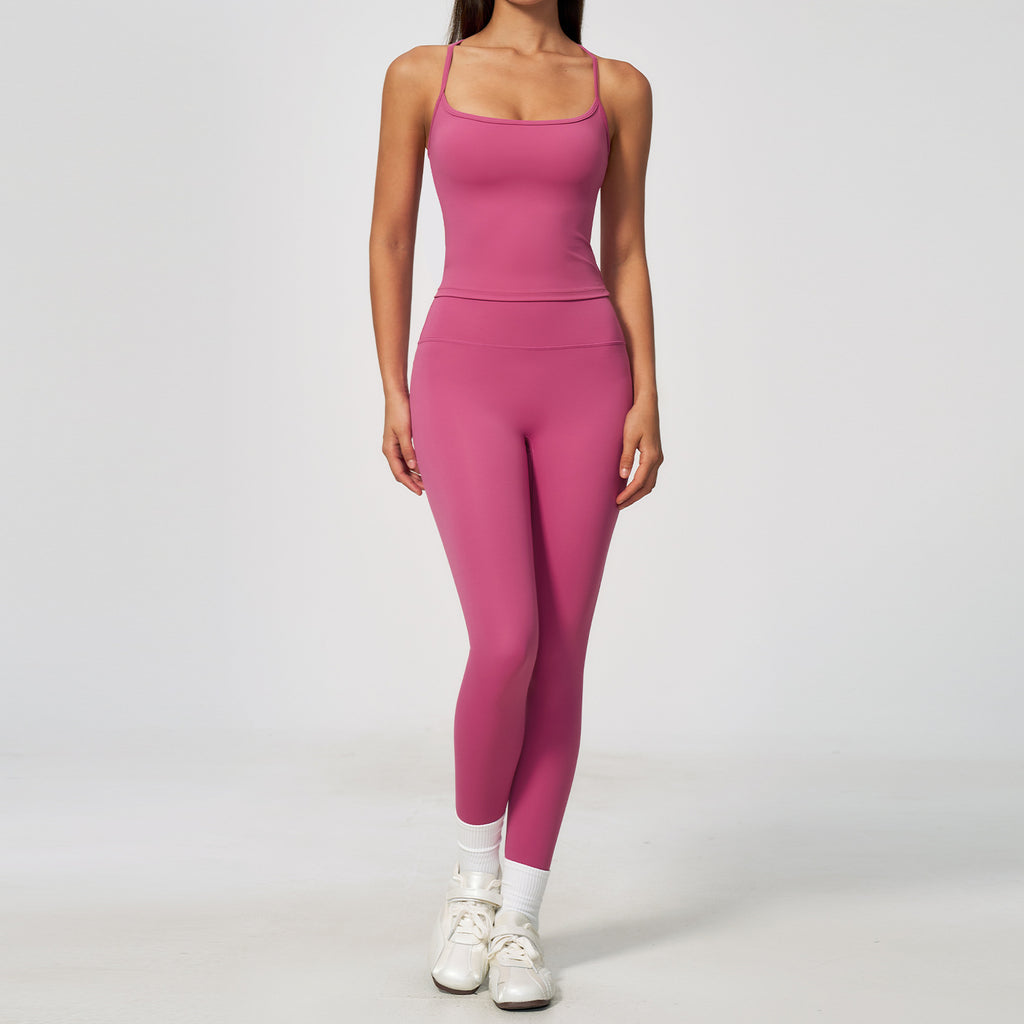 Women Spaghetti Strap Yoga Set Seamless Sleeveless Crop Top High Waist Leggings 2 Piece Workout Wholesale
