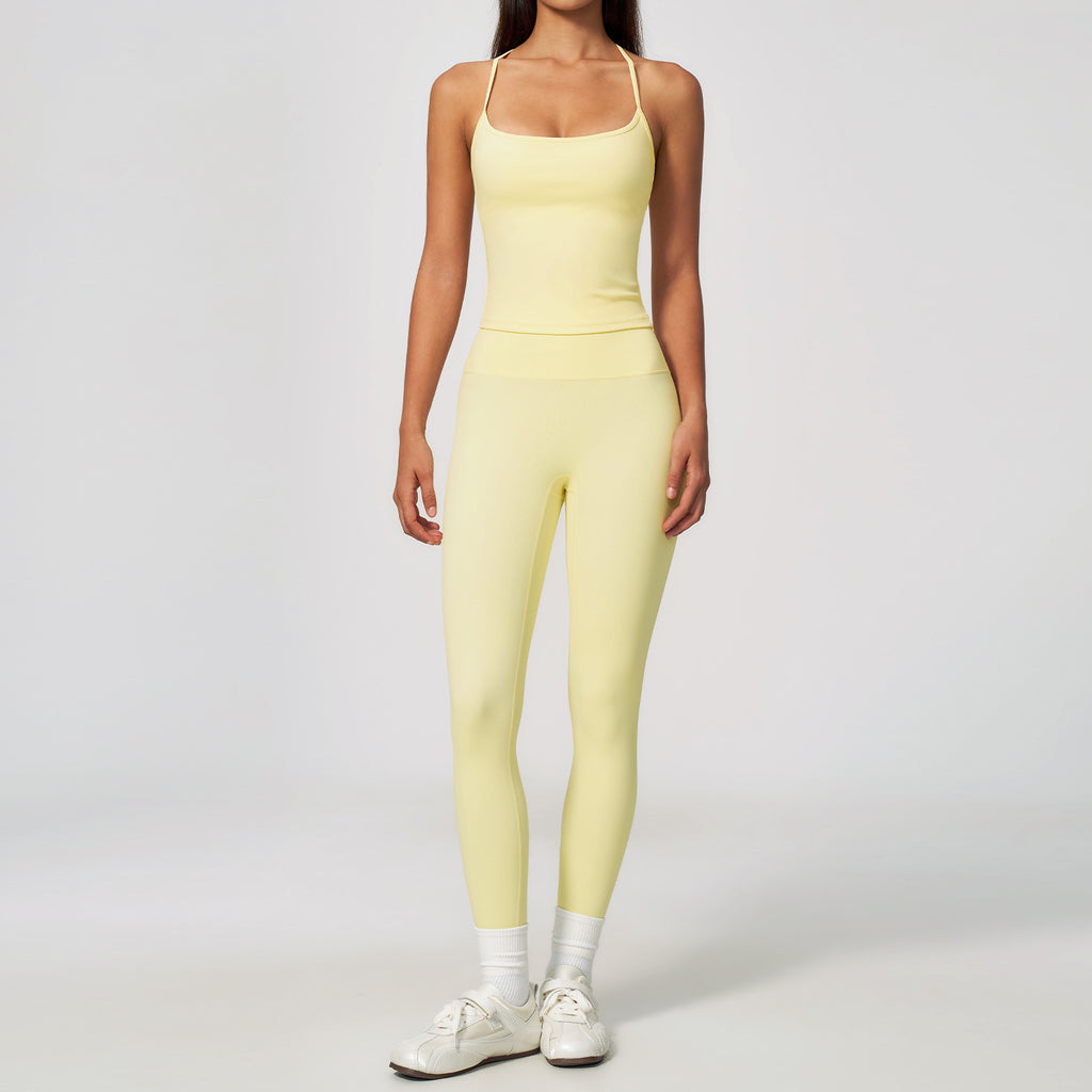 Women Spaghetti Strap Yoga Set Seamless Sleeveless Crop Top High Waist Leggings 2 Piece Workout Wholesale