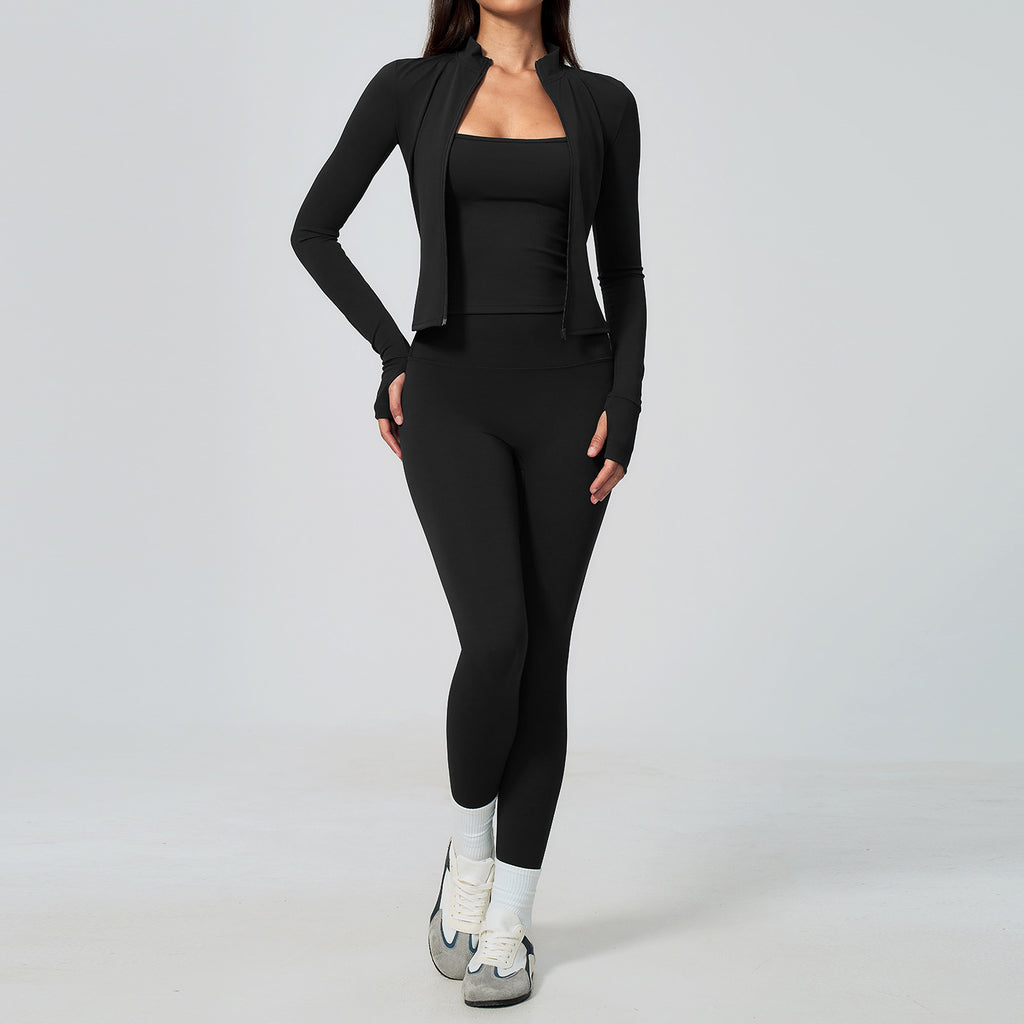 Women 3 Piece Yoga Set Long Sleeve Zip Jacket High Waist Leggings Sports Bra Gym Workout Activewear Wholesale