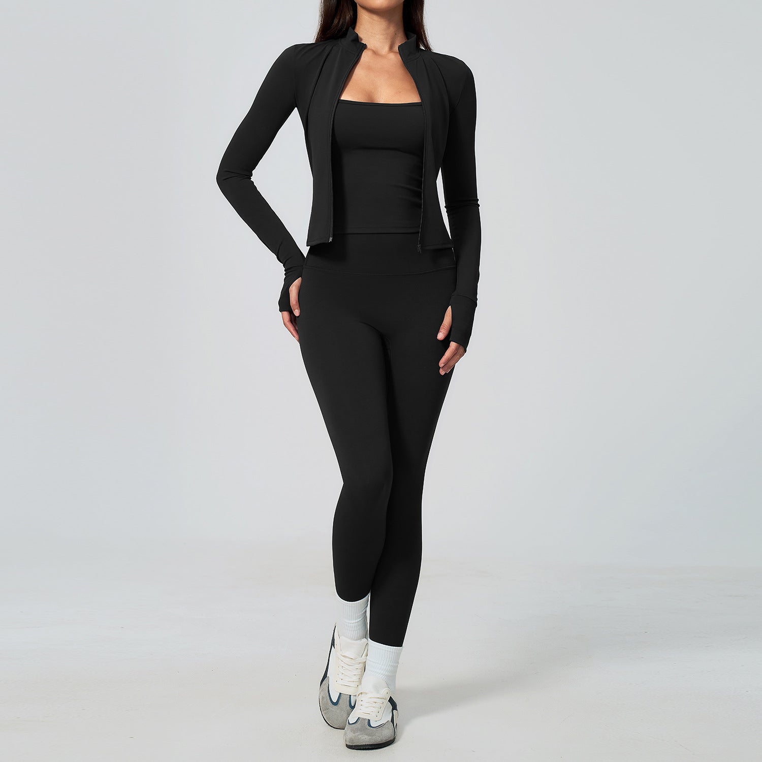 Women 3 Piece Yoga Set Long Sleeve Zip Jacket High Waist Leggings Sports Bra Gym Workout Activewear Wholesale