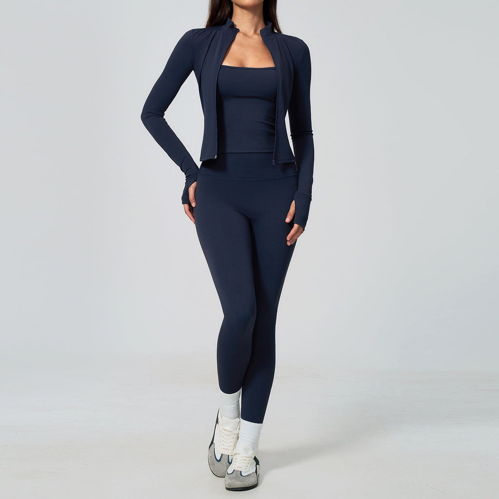 Women 3 Piece Yoga Set Long Sleeve Zip Jacket High Waist Leggings Sports Bra Gym Workout Activewear Wholesale