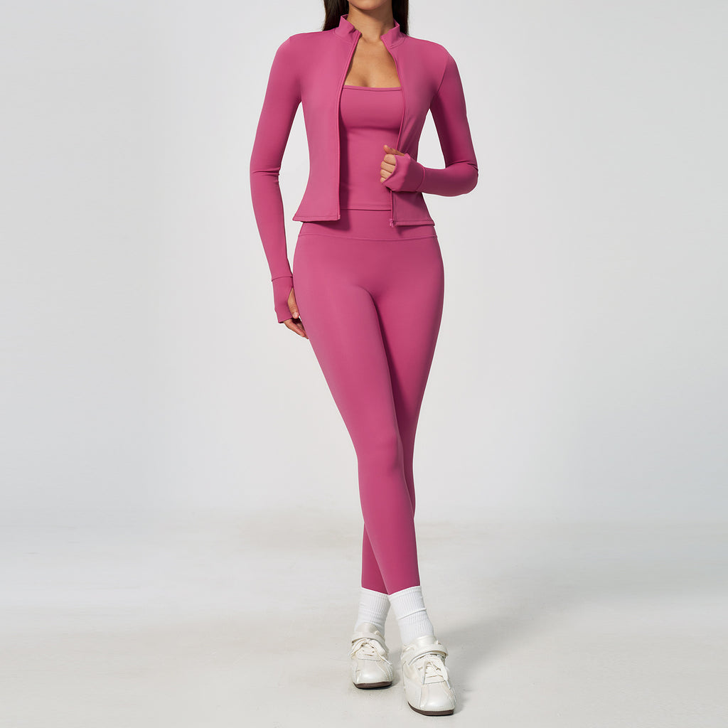 Women 3 Piece Yoga Set Long Sleeve Zip Jacket High Waist Leggings Sports Bra Gym Workout Activewear Wholesale