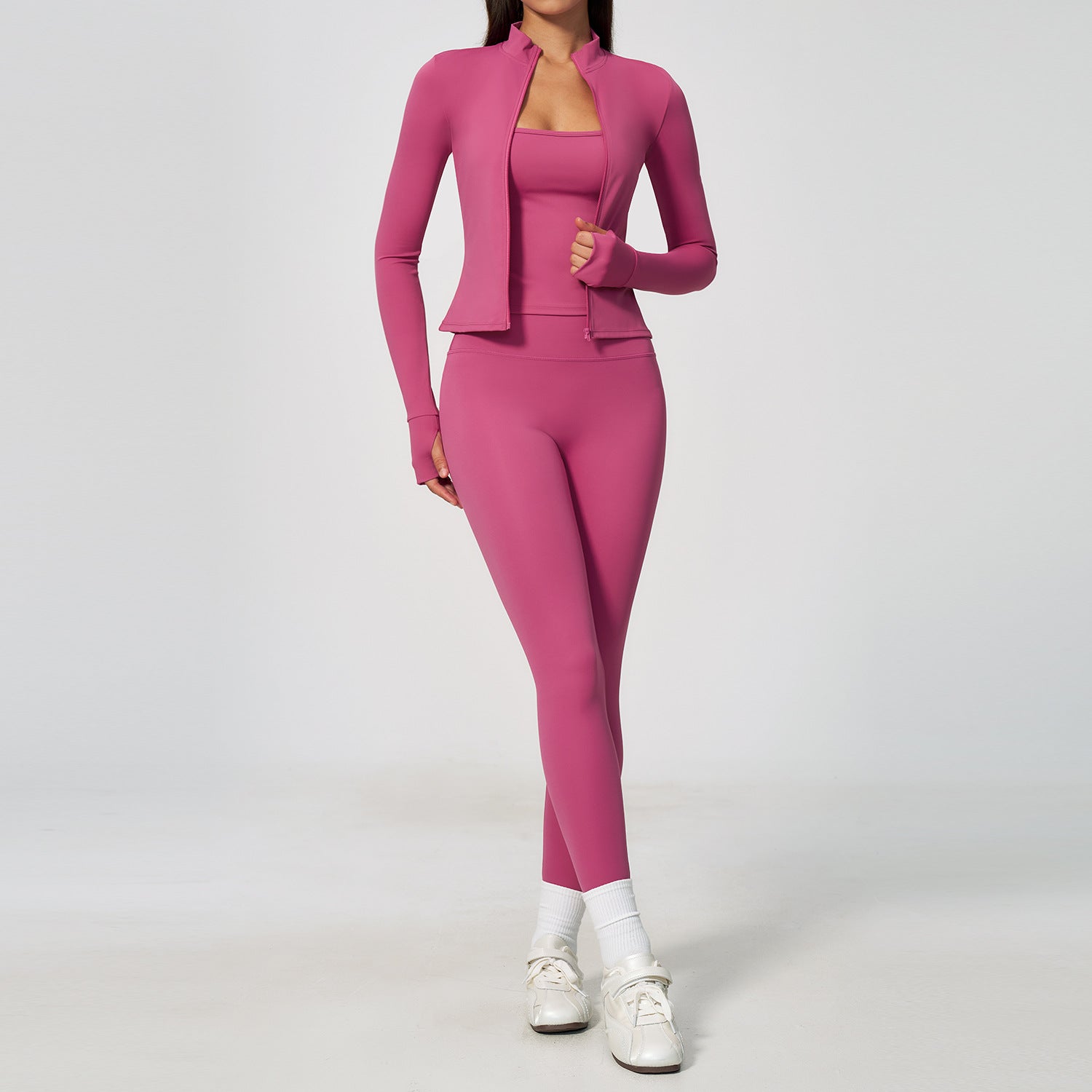 Women 3 Piece Yoga Set Long Sleeve Zip Jacket High Waist Leggings Sports Bra Gym Workout Activewear Wholesale