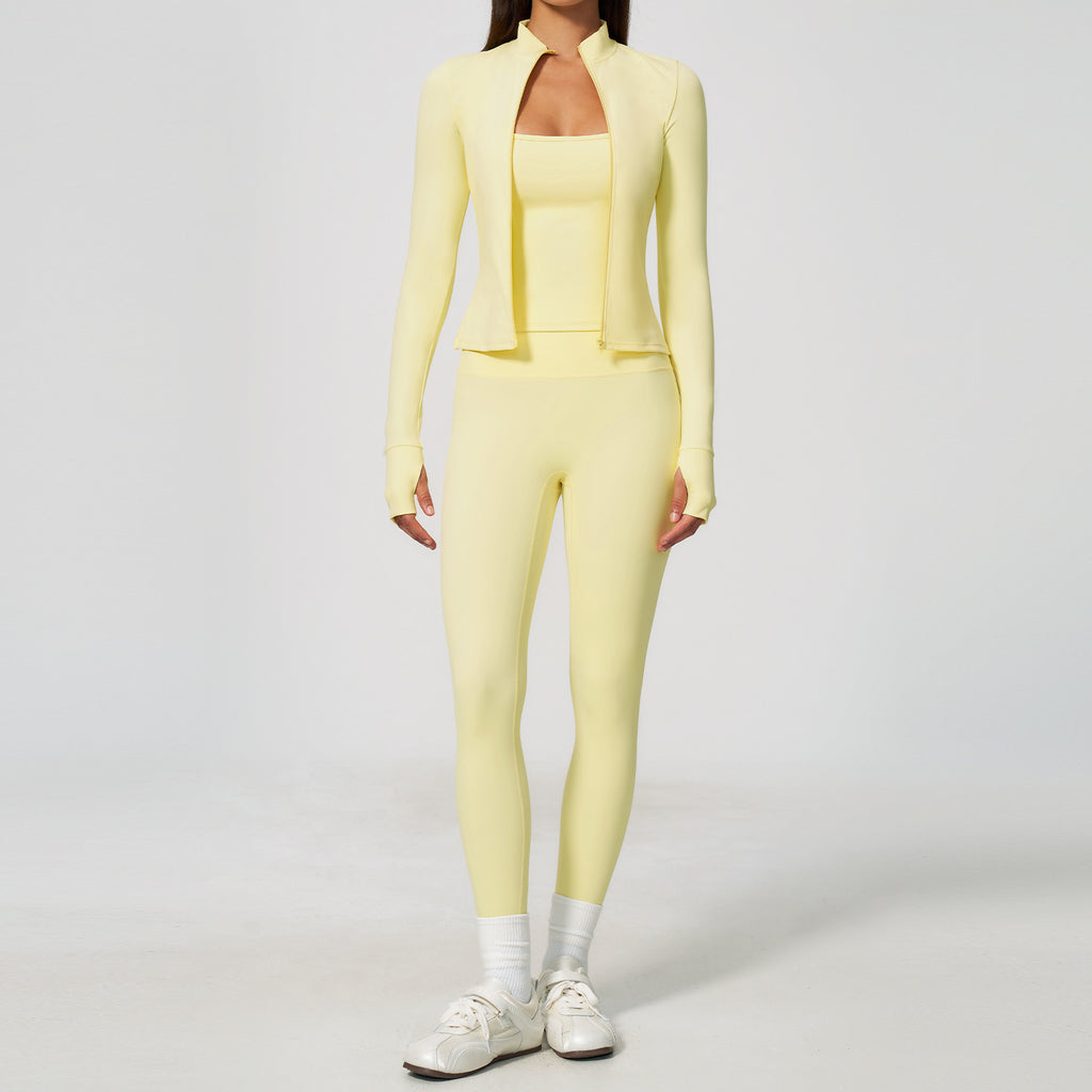 Women 3 Piece Yoga Set Long Sleeve Zip Jacket High Waist Leggings Sports Bra Gym Workout Activewear Wholesale