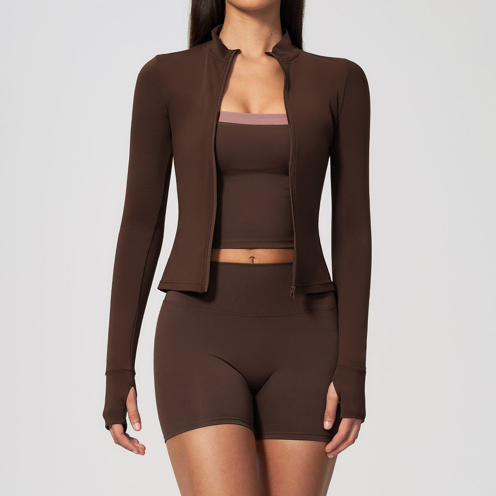 Women Long Sleeve Yoga Set Seamless Thumb Hole Crop Top High Waist Biker Shorts 2 Piece Workout Wholesale