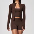Women Long Sleeve Yoga Set Seamless Thumb Hole Crop Top High Waist Biker Shorts 2 Piece Workout Wholesale