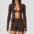 Ladies Long Sleeve Yoga Shorts Set Ribbed Fitted Top High Waist Compression Biker Shorts 2 Piece Activewear OEM