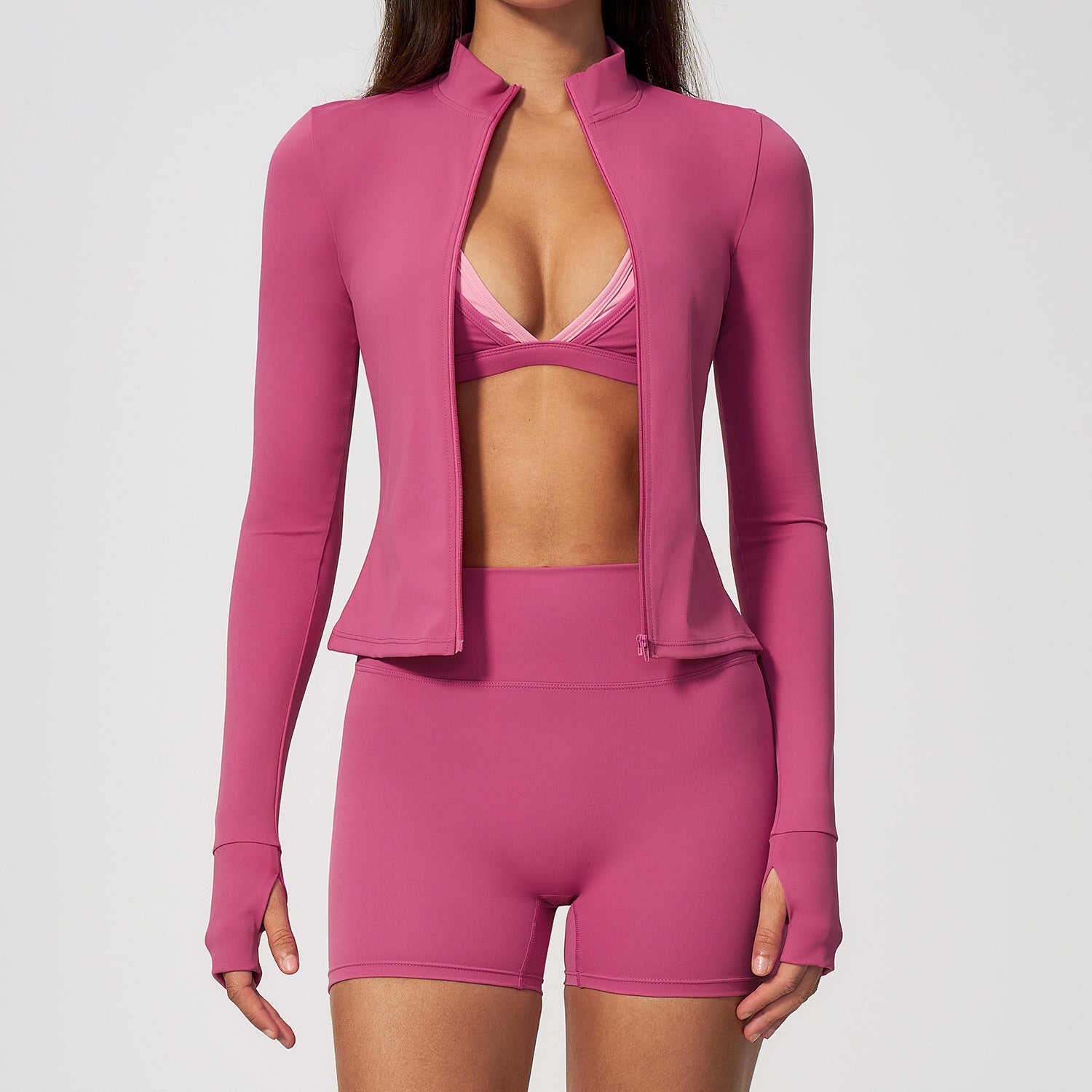 Ladies Long Sleeve Yoga Shorts Set Ribbed Fitted Top High Waist Compression Biker Shorts 2 Piece Activewear OEM