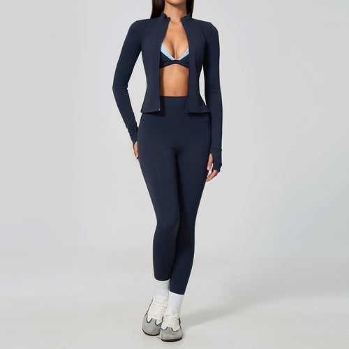 Ladies 3 Piece Yoga Set Crop Hoodie High Waist Scrunch Leggings Sports Bra Athleisure Activewear Set Custom