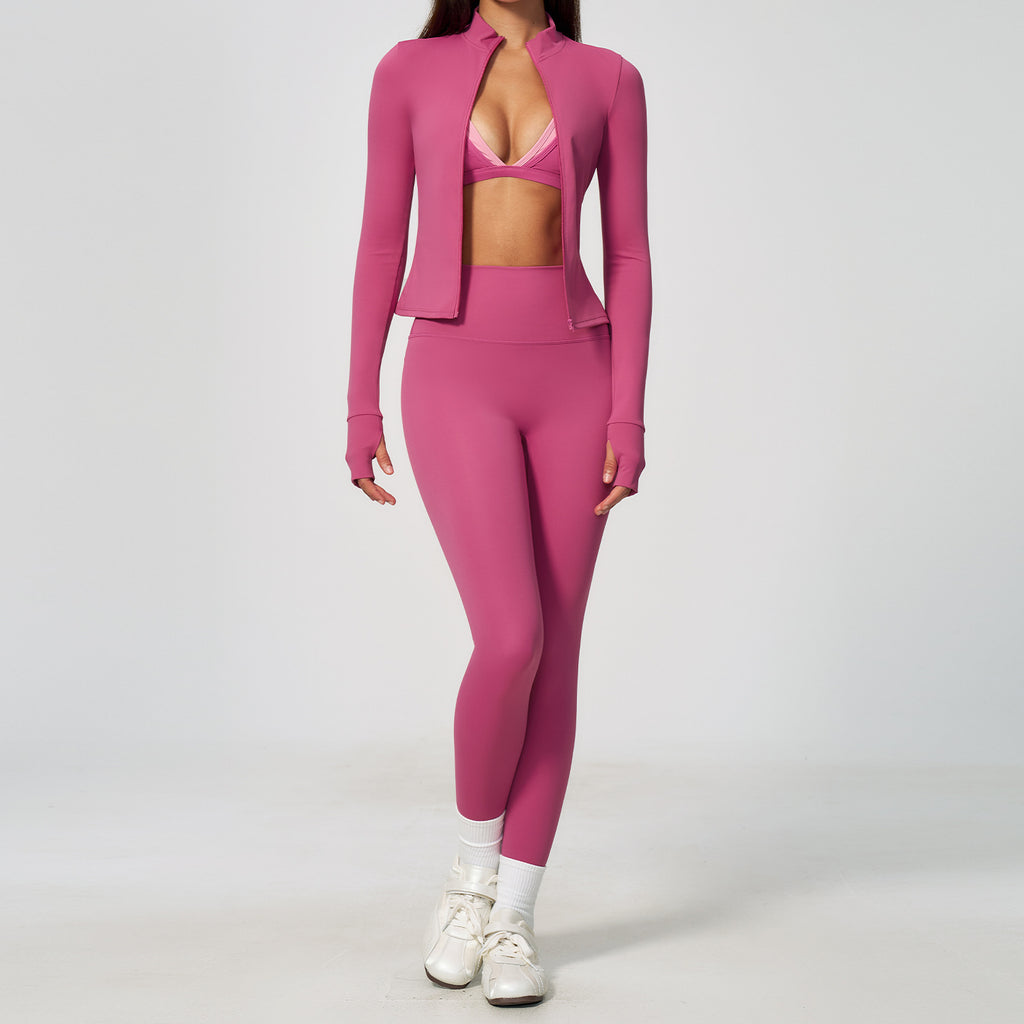 Ladies 3 Piece Yoga Set Crop Hoodie High Waist Scrunch Leggings Sports Bra Athleisure Activewear Set Custom