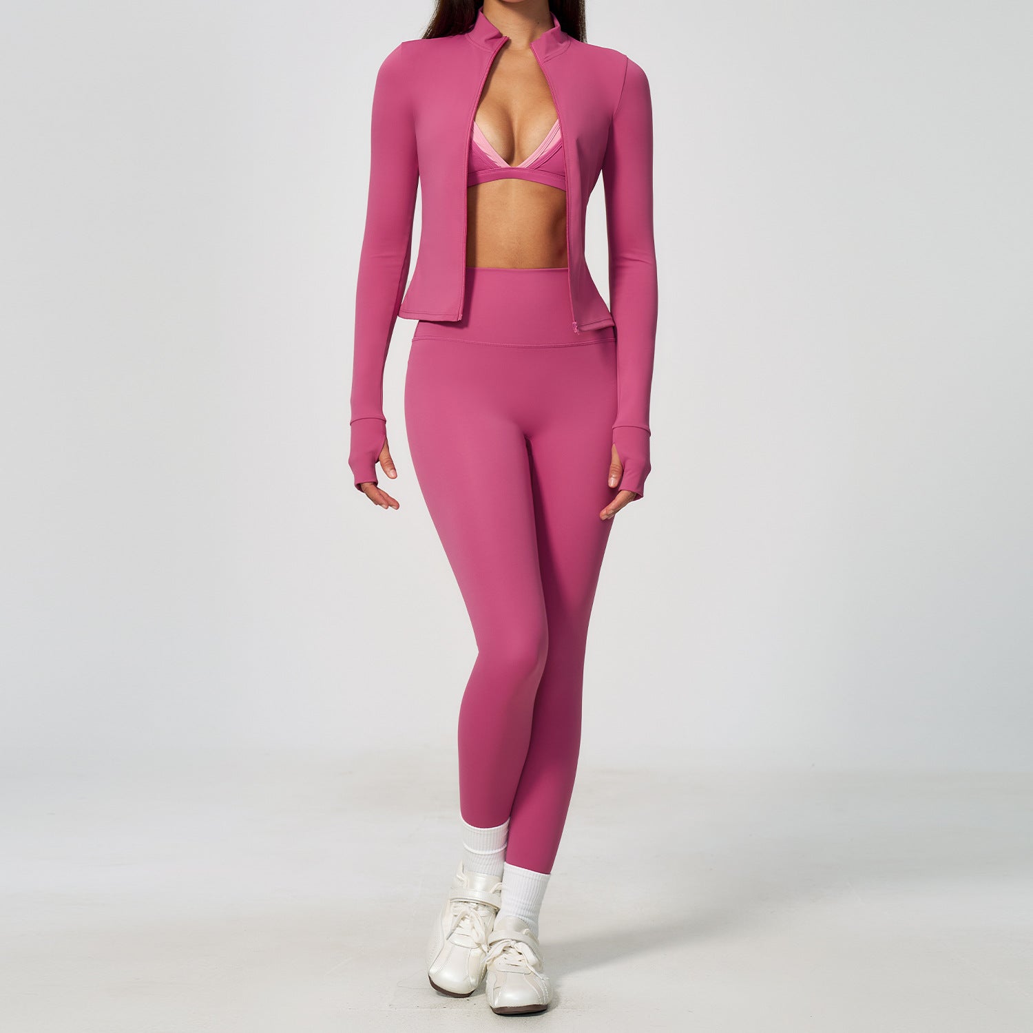 Ladies 3 Piece Yoga Set Crop Hoodie High Waist Scrunch Leggings Sports Bra Athleisure Activewear Set Custom