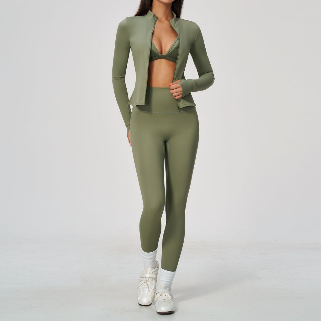 Ladies 3 Piece Yoga Set Crop Hoodie High Waist Scrunch Leggings Sports Bra Athleisure Activewear Set Custom