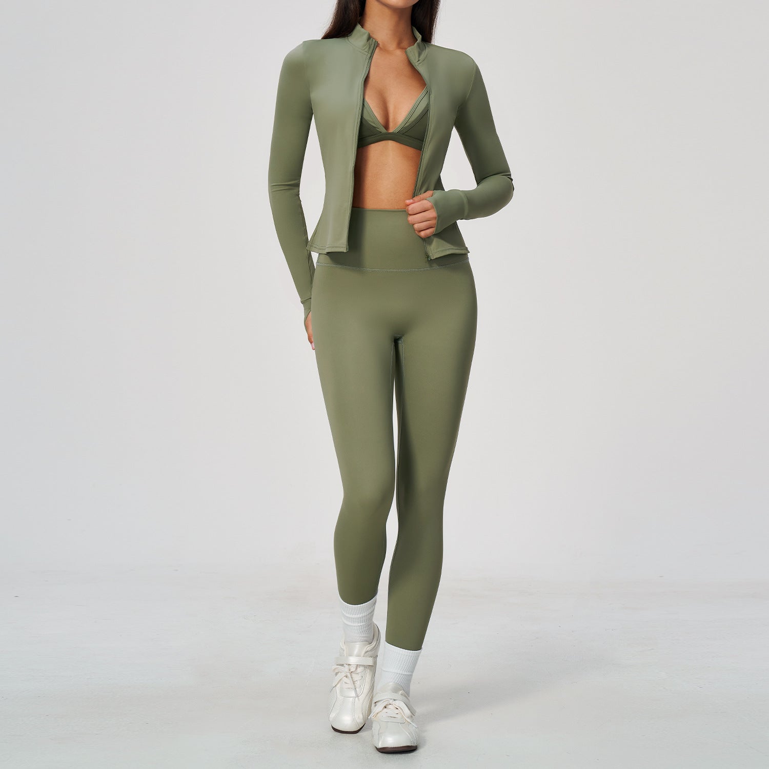 Ladies 3 Piece Yoga Set Crop Hoodie High Waist Scrunch Leggings Sports Bra Athleisure Activewear Set Custom