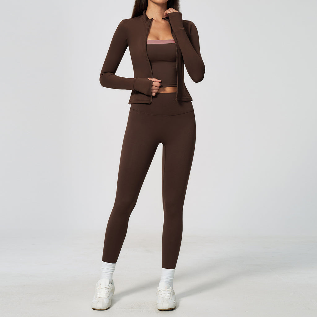 Ladies 3 Piece Yoga Set Thumb Hole Long Sleeve Top High Waist Leggings Sports Bra Workout Activewear OEM