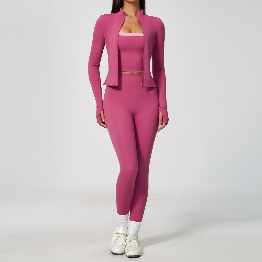 Ladies 3 Piece Yoga Set Thumb Hole Long Sleeve Top High Waist Leggings Sports Bra Workout Activewear OEM