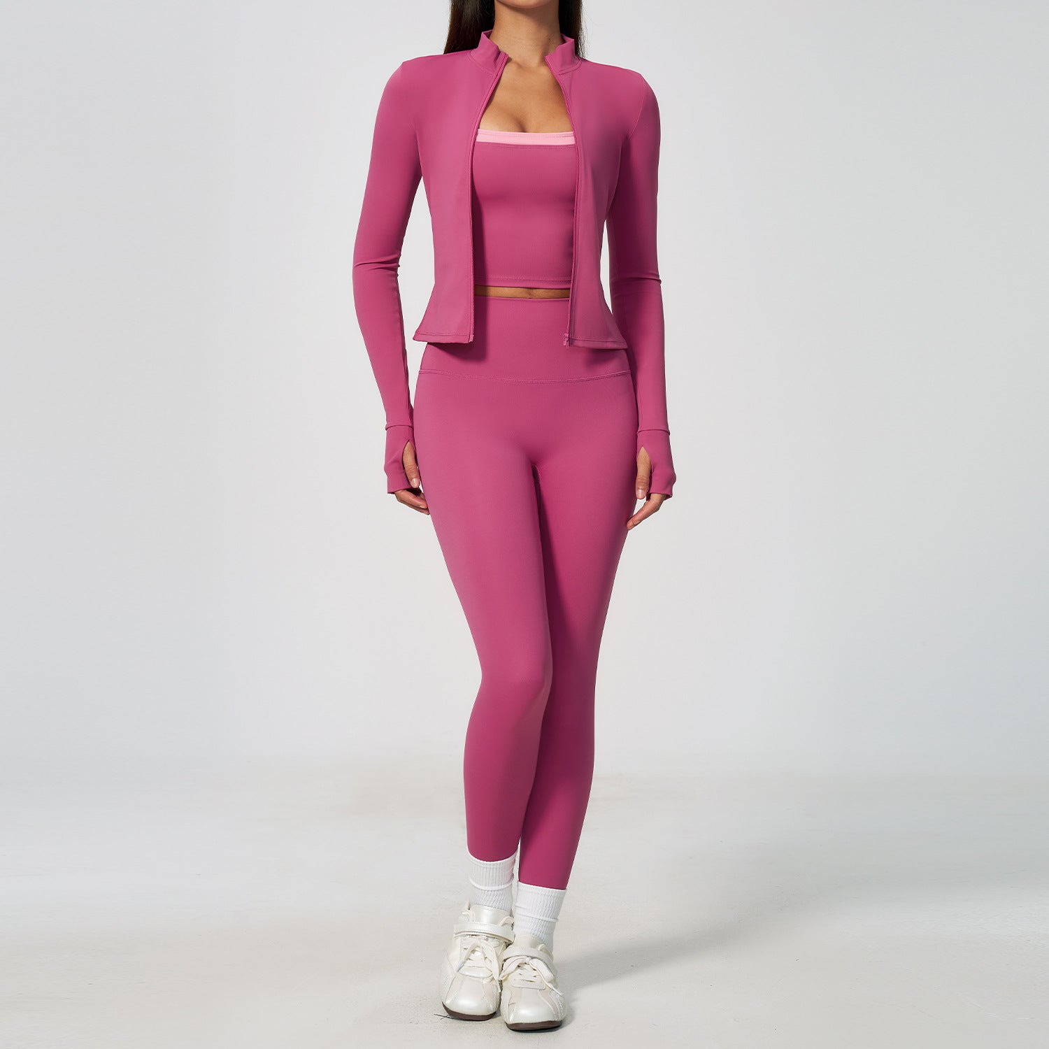 Ladies 3 Piece Yoga Set Thumb Hole Long Sleeve Top High Waist Leggings Sports Bra Workout Activewear OEM