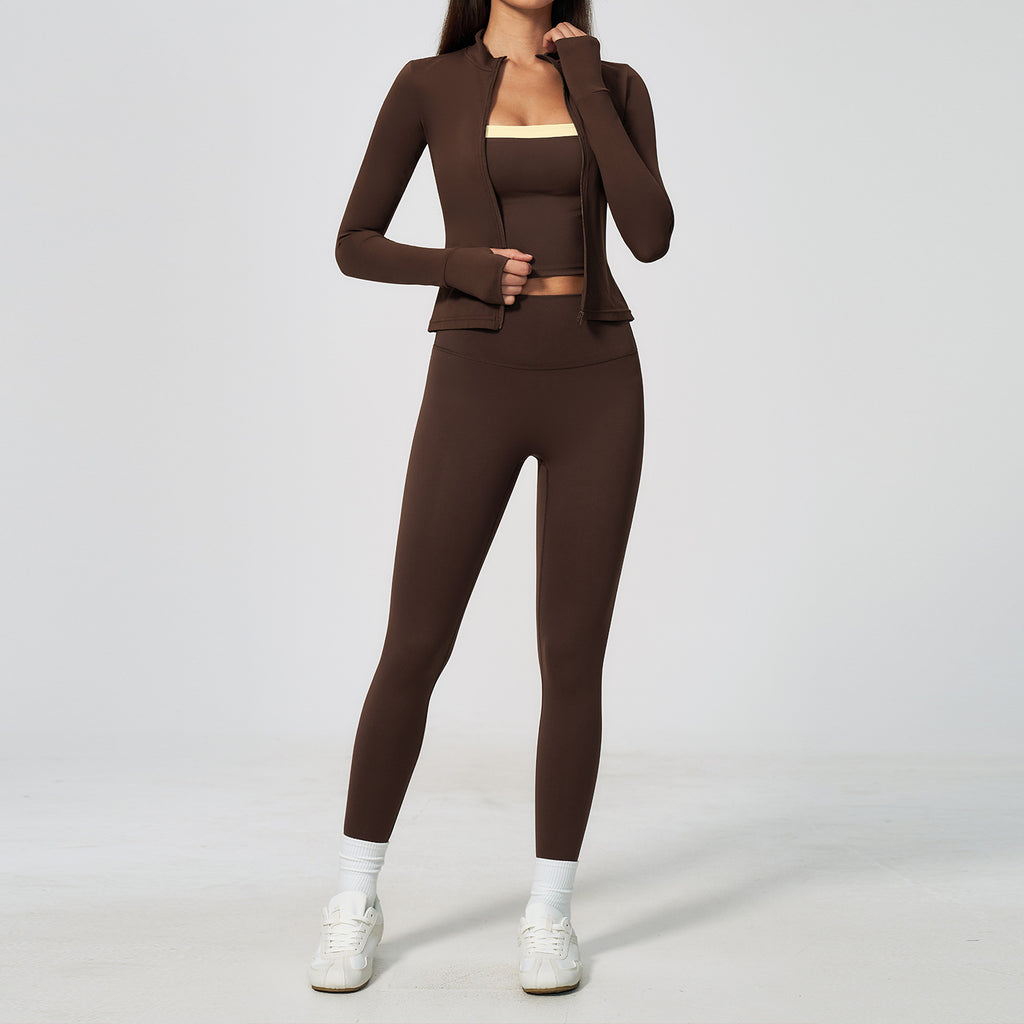 Ladies 3 Piece Yoga Set Thumb Hole Long Sleeve Top High Waist Leggings Sports Bra Workout Activewear OEM