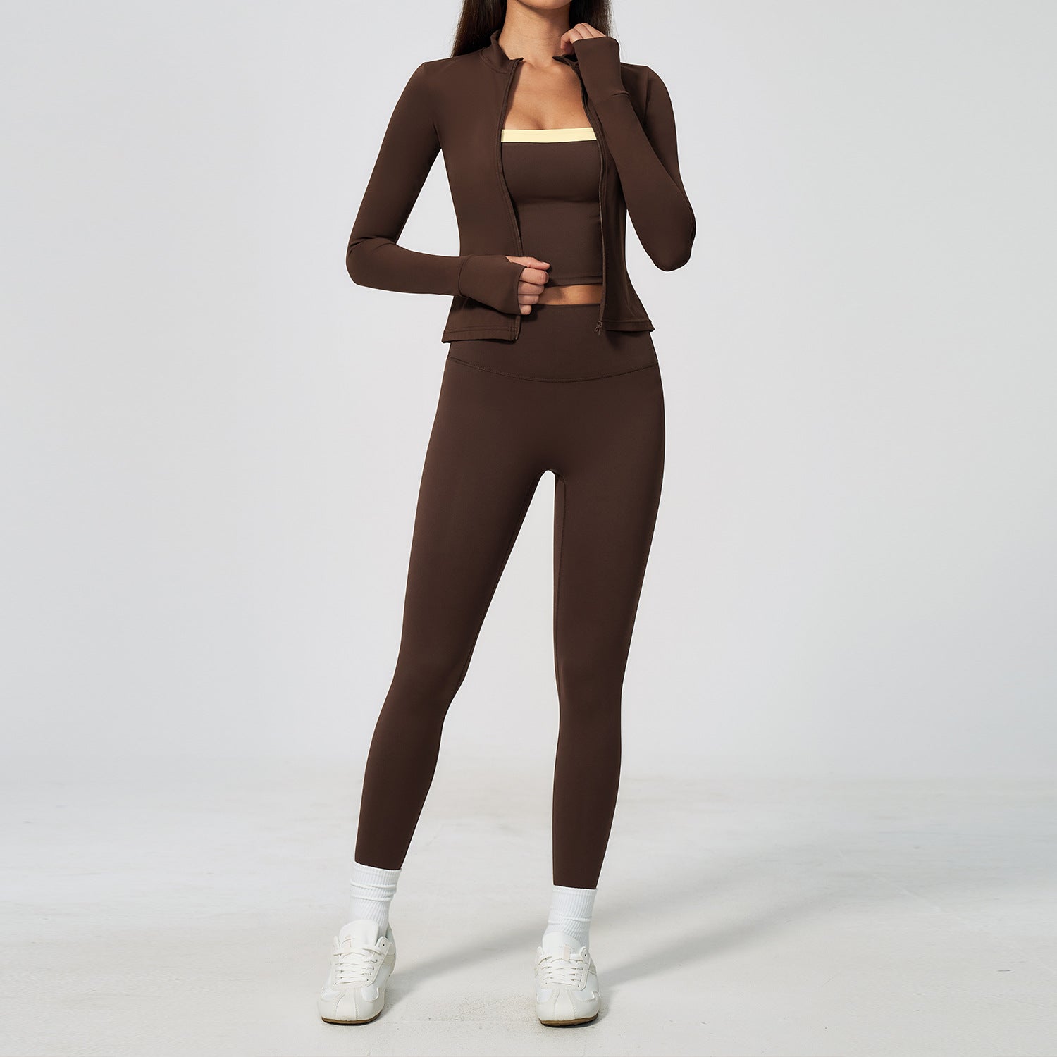Ladies 3 Piece Yoga Set Thumb Hole Long Sleeve Top High Waist Leggings Sports Bra Workout Activewear OEM