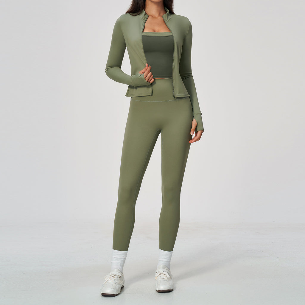 Ladies 3 Piece Yoga Set Thumb Hole Long Sleeve Top High Waist Leggings Sports Bra Workout Activewear OEM