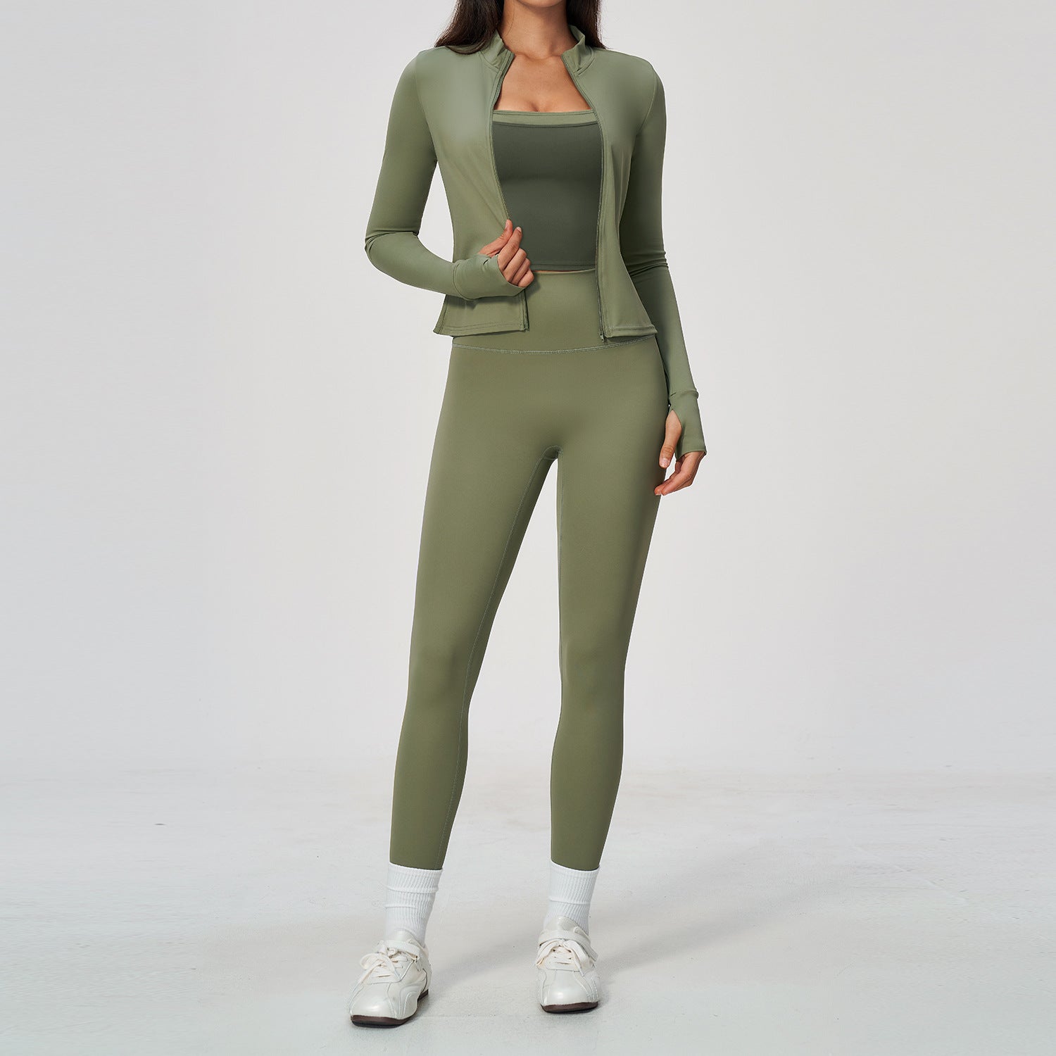 Ladies 3 Piece Yoga Set Thumb Hole Long Sleeve Top High Waist Leggings Sports Bra Workout Activewear OEM