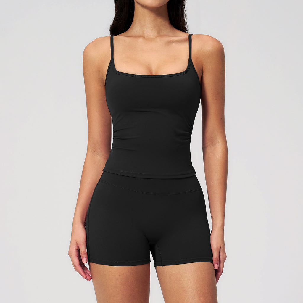 Women’s Naked Feeling 2-Piece Workout Set – Square Neck Built-in Bra Tank Top & High Waist Butt Lifting Biker Shorts Seamless Gym Yoga Outfit for Pilates Running & Casual Wear