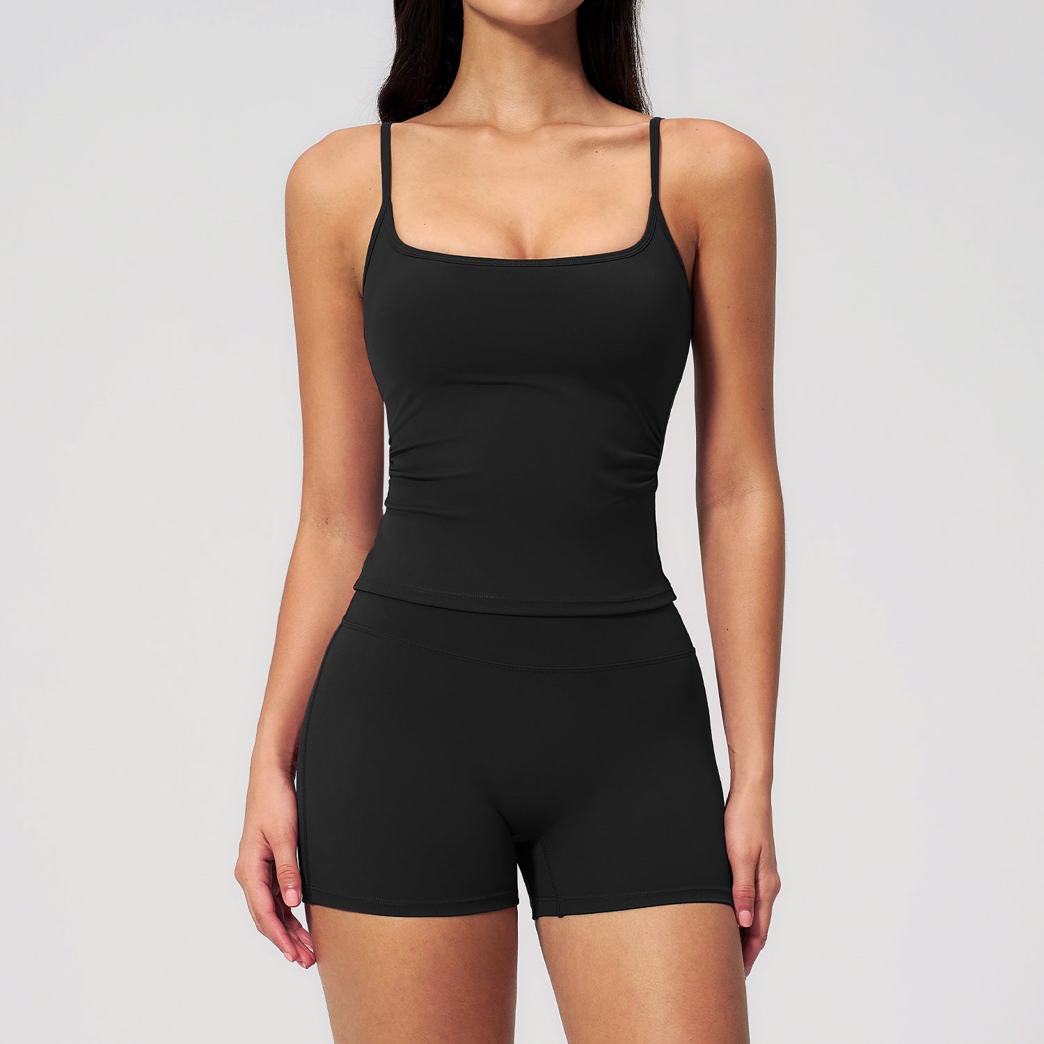 Women’s Naked Feeling 2-Piece Workout Set – Square Neck Built-in Bra Tank Top & High Waist Butt Lifting Biker Shorts Seamless Gym Yoga Outfit for Pilates Running & Casual Wear