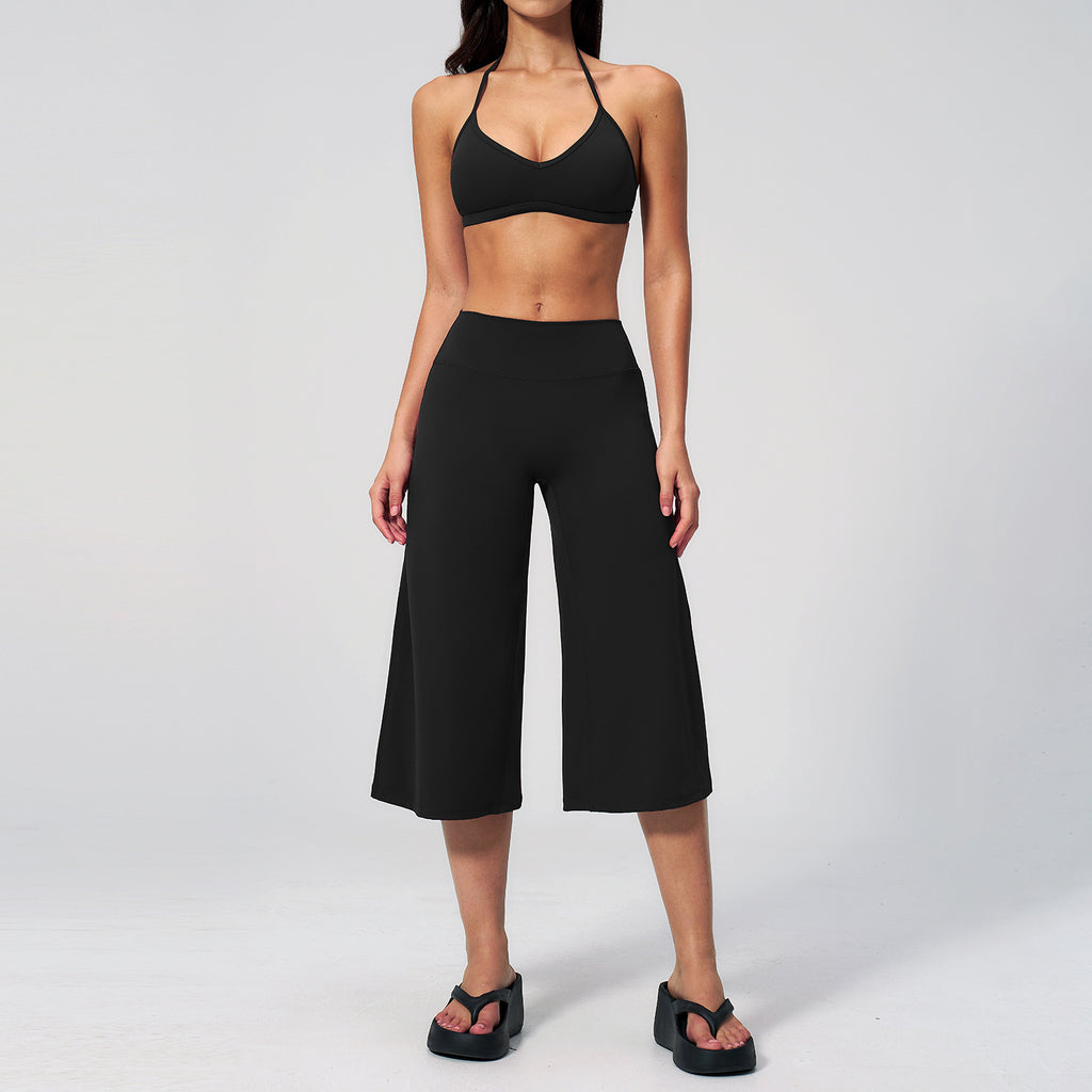 Women’s Halter Sports Bra and High Waist Wide Leg Capri Pants Set