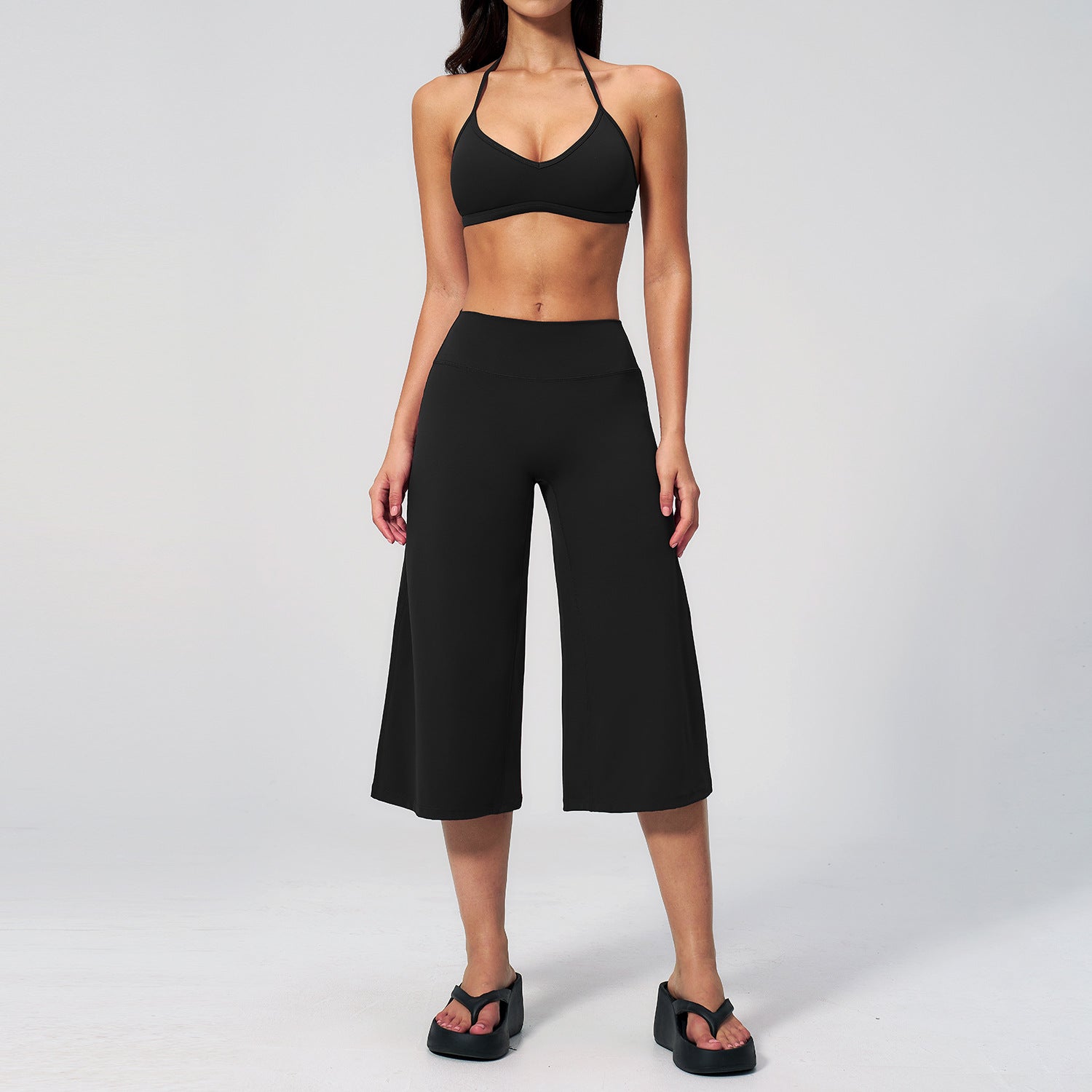 Women’s Halter Sports Bra and High Waist Wide Leg Capri Pants Set