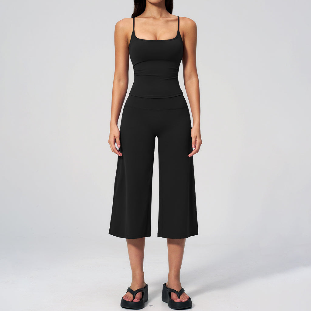 Women’s 2 Piece Workout Set Square Neck Built in Bra Tank Top and High Waist Wide Leg Capri Pants