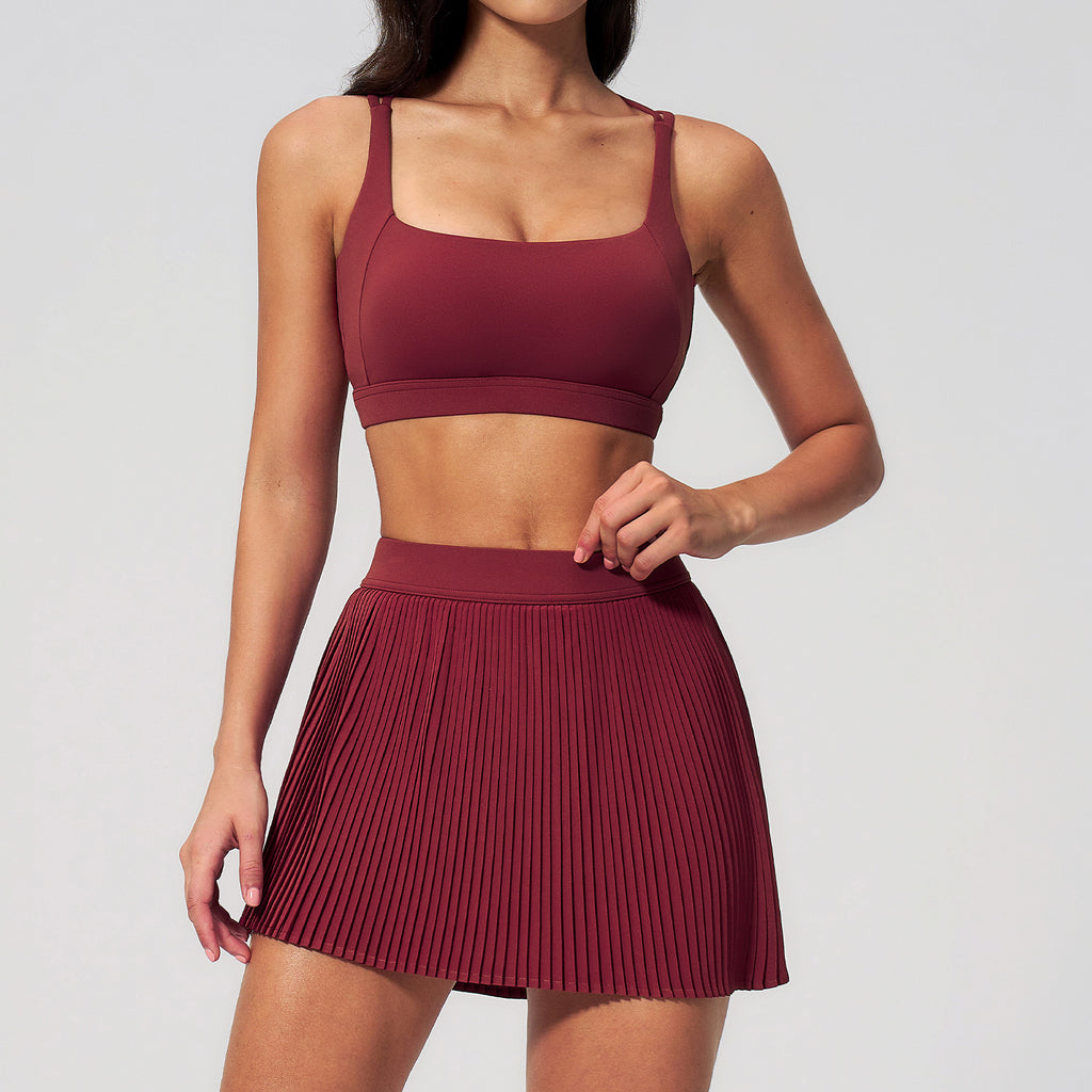 Women’s Tennis Outfit Set Square Neck Sports Bra and High Waist Pleated Skirt