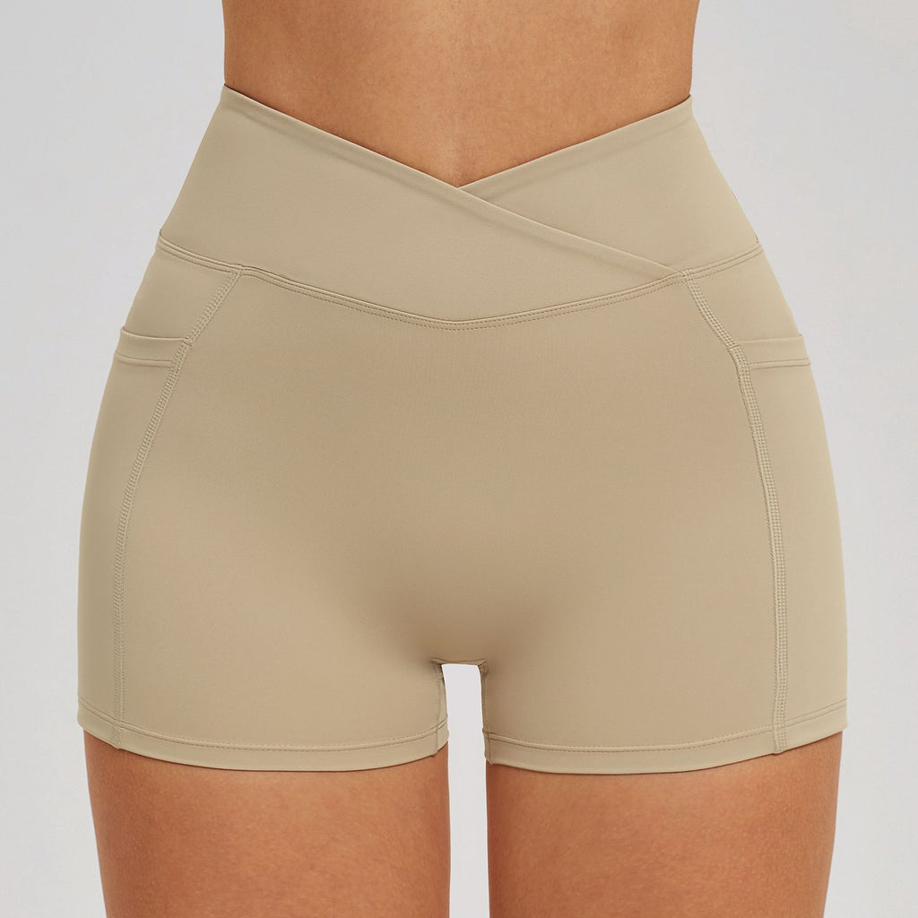 Women’s V Cross Waist Biker Shorts High Waist Yoga Shorts with Side Pockets