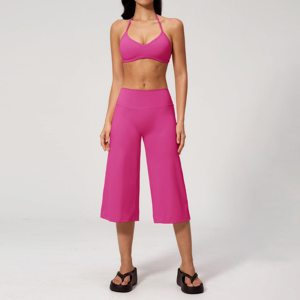 Women’s Halter Sports Bra and High Waist Wide Leg Capri Pants Set