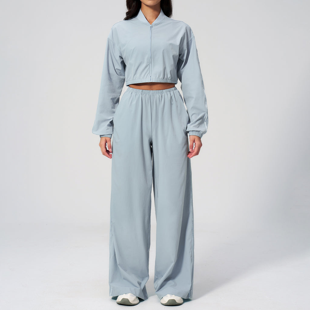 Women’s Lightweight Windbreaker 2-Piece Tracksuit – Cropped  High Waist Wide Leg Pants Loose Casual Streetwear Outfit for Running Gym & Everyday Wear