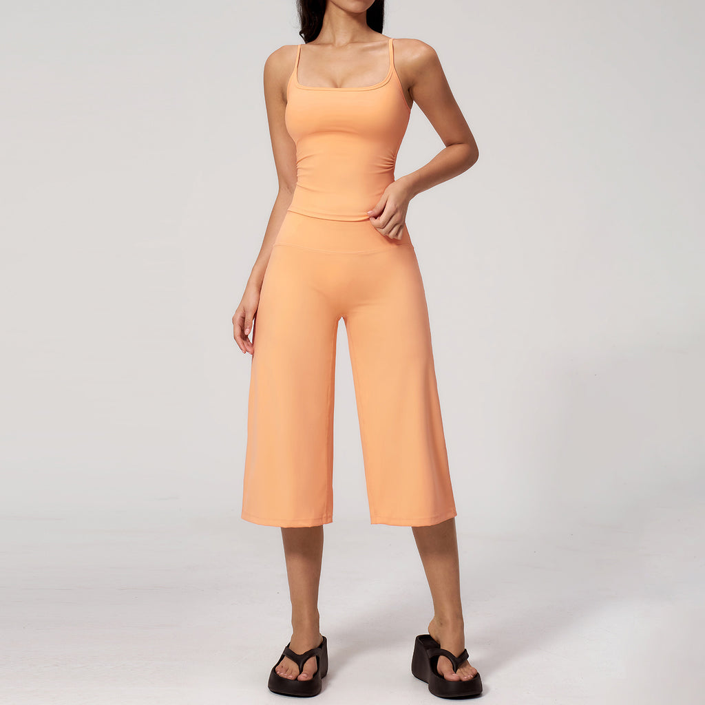 Women’s 2 Piece Workout Set Square Neck Built in Bra Tank Top and High Waist Wide Leg Capri Pants