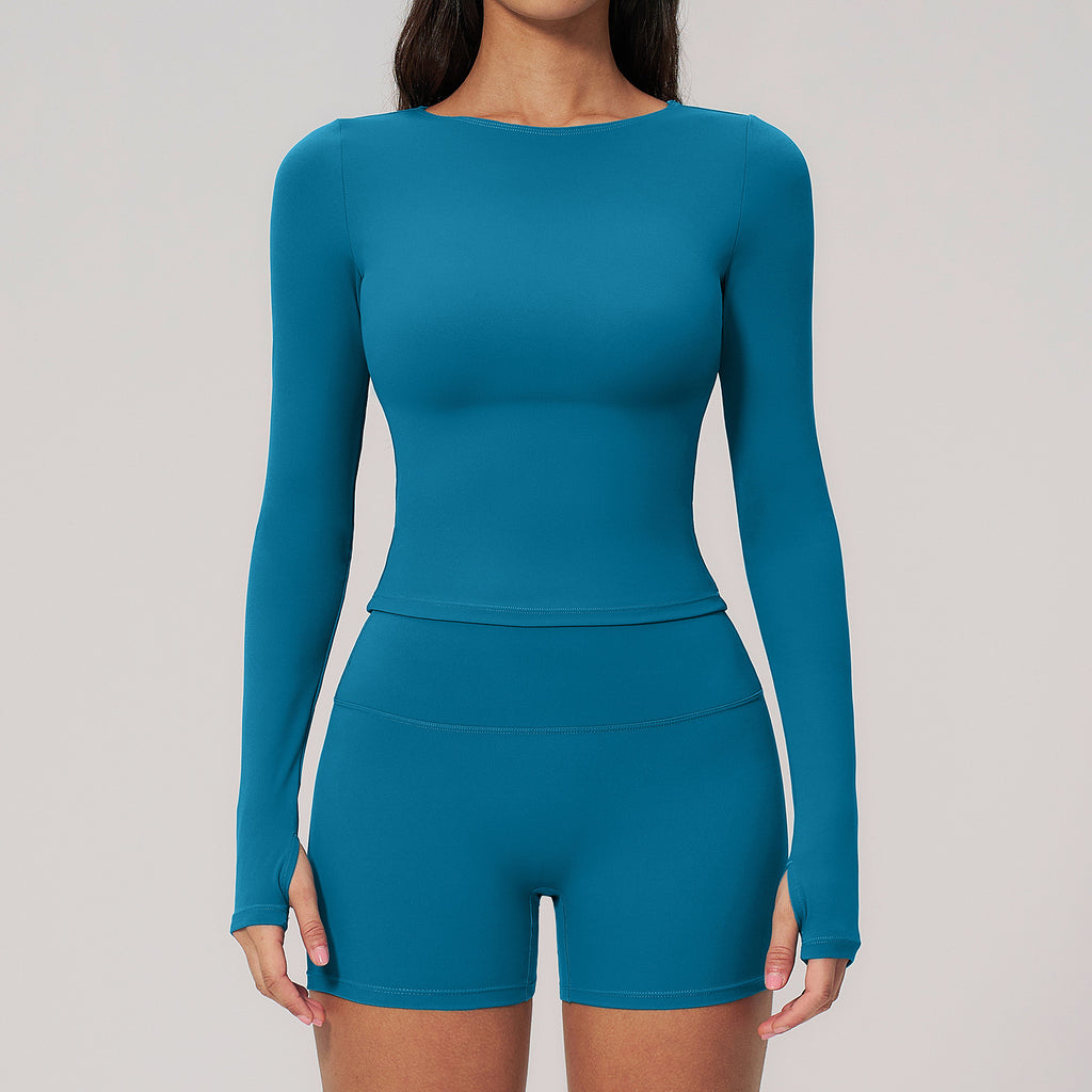 Women’s Naked Feeling 2-Piece Workout Set – Long Sleeve Thumbhole Top & High Waist Butt Lifting Yoga Shorts Bodycon Gym Outfit for Pilates Running & Casual Wear