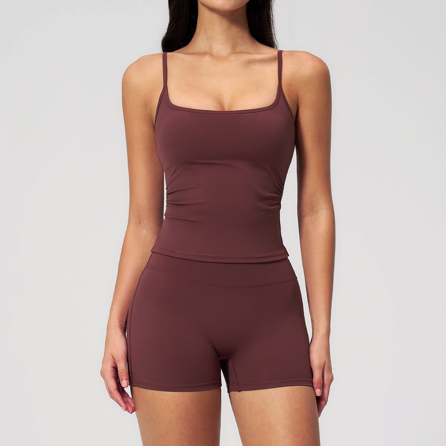 Women’s Naked Feeling 2-Piece Workout Set – Square Neck Built-in Bra Tank Top & High Waist Butt Lifting Biker Shorts Seamless Gym Yoga Outfit for Pilates Running & Casual Wear