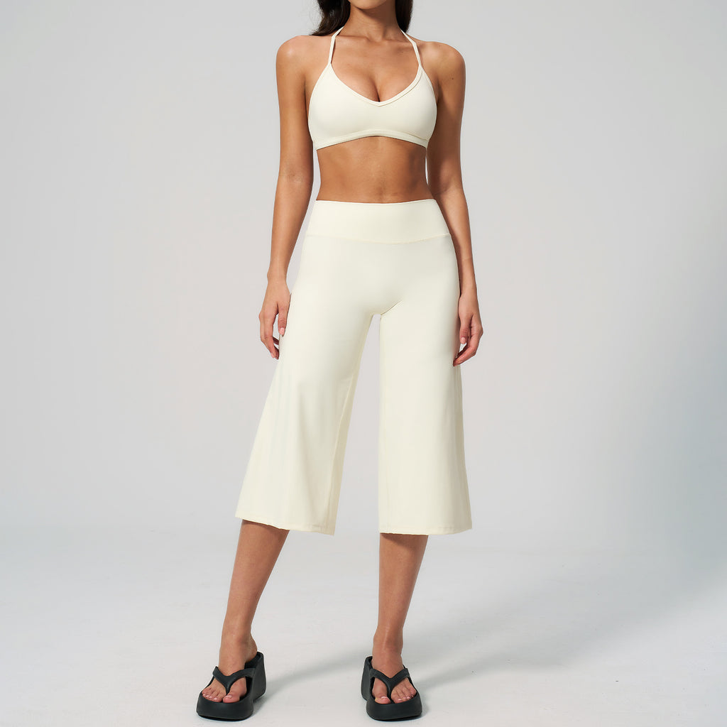 Women’s Halter Sports Bra and High Waist Wide Leg Capri Pants Set