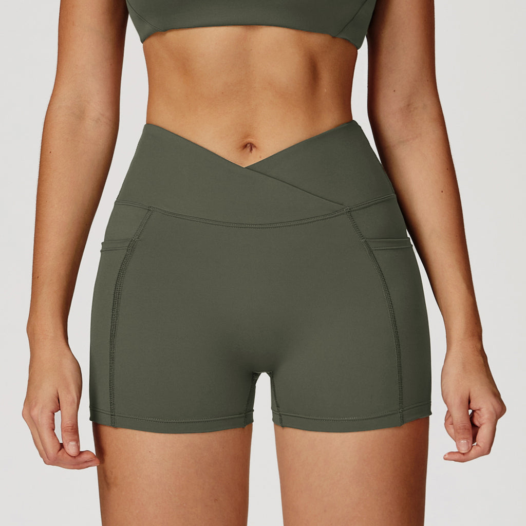 Women’s V Cross Waist Biker Shorts High Waist Yoga Shorts with Side Pockets