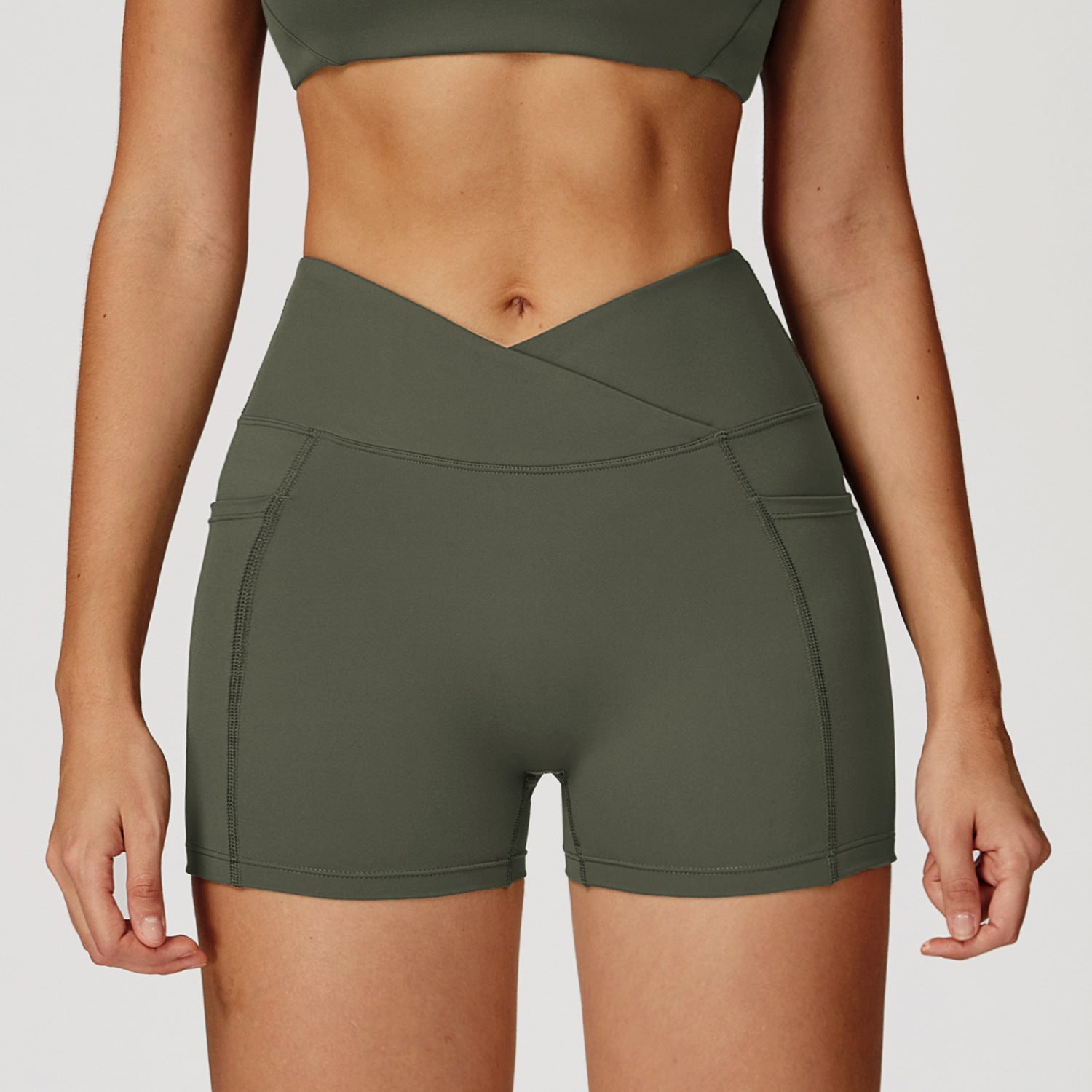 Women’s V Cross Waist Biker Shorts High Waist Yoga Shorts with Side Pockets