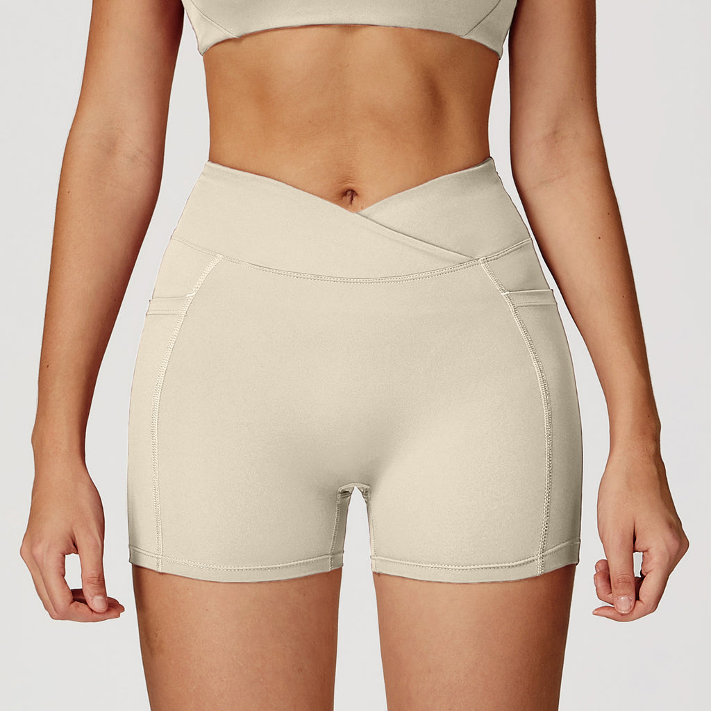 Women’s V Cross Waist Biker Shorts High Waist Yoga Shorts with Side Pockets